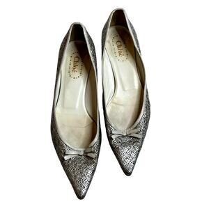 Vintage Chloe silver metallic pointed ballet bow flats size 36 fit like US 6.5